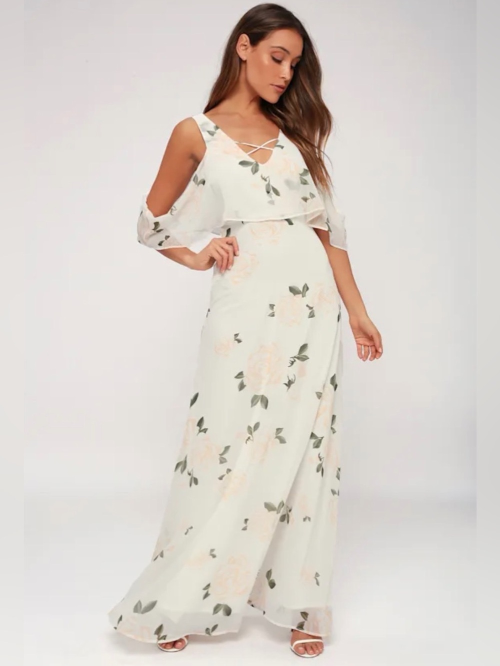 Lulus The Very Thought of You White Floral Cold-Shoulder Maxi Dress - Size S